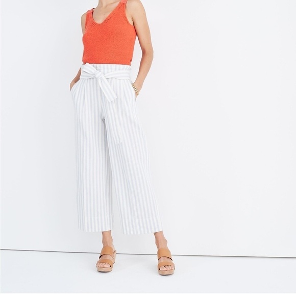 MADEWELL Tie Waist Huston Pull On Crop Pants Wide Leg Stripe Blue White Sz M - Picture 2 of 14